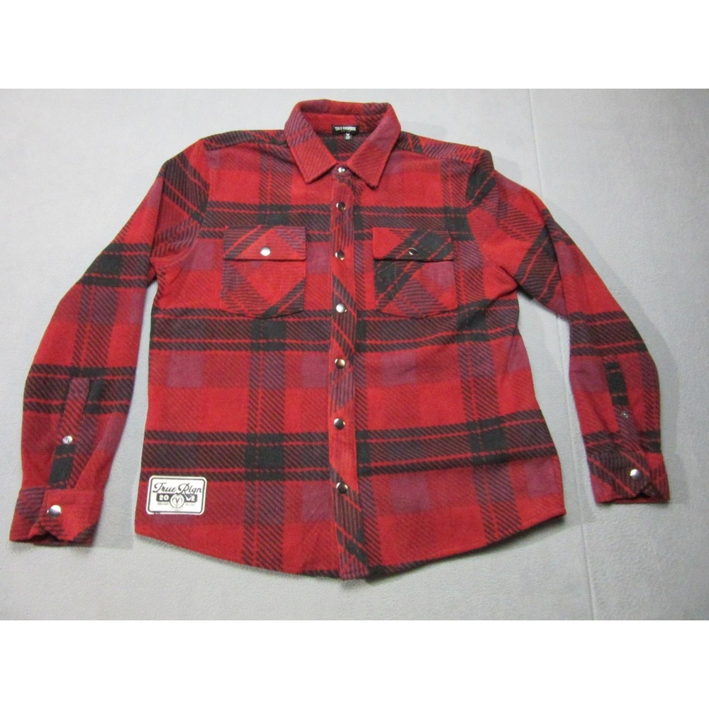 True Religion Shacket Mens Large Red Plaid Polar Fleece Thermal Snap Jacket